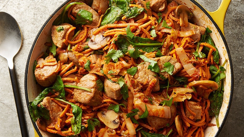 Korean Barbecue Pork Sweet Potato Noodles with Kimchi 