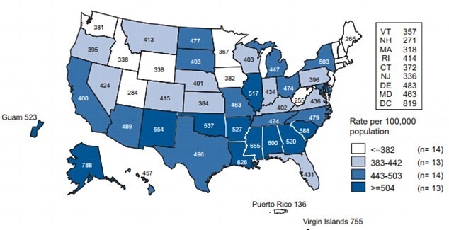 Map Graph demonstrating STD's spread over the major states in USA